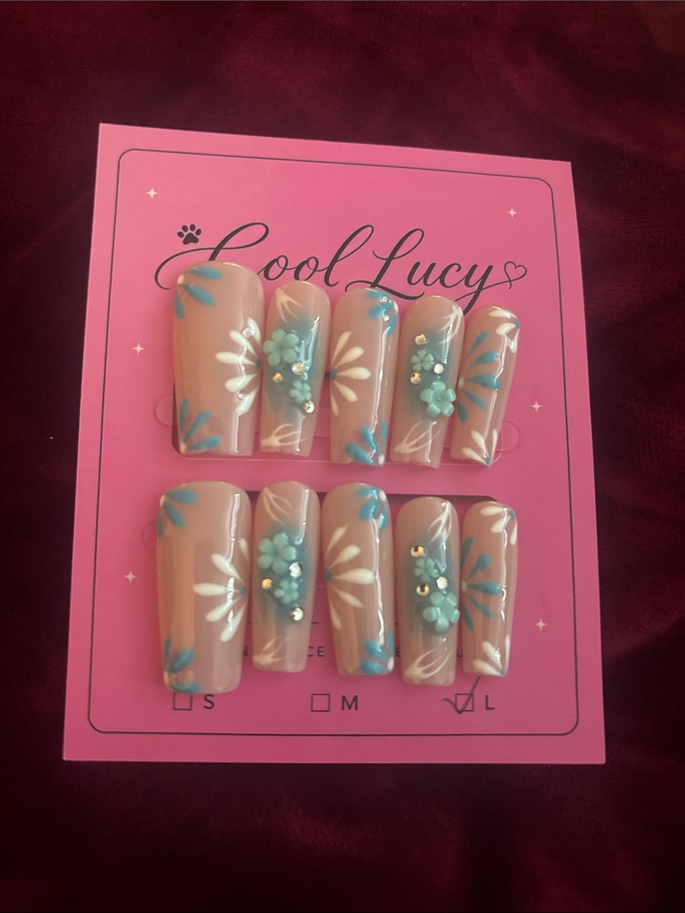 Kids Press-On Nails in Nude with Blue Floral Design